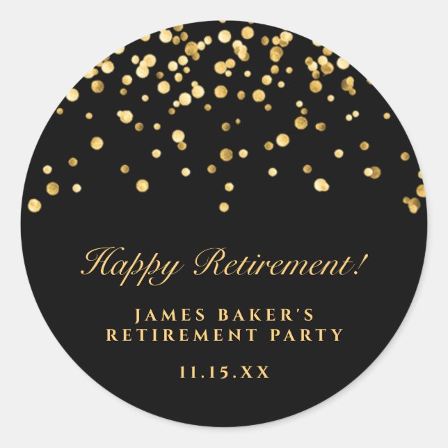 Elegante Black & Gold Confetti Happy Rente Runder Aufkleber (Vorderseite)
