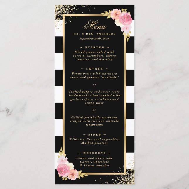Elegante Black Gold Confetti Rosa Blumenzehen Menükarte (Vorderseite)