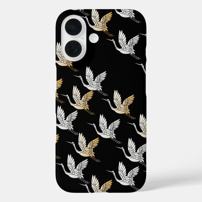 Elegante Black Gold Crane Moderne Japanische Kunst iPhone 16 Hülle (Rückseite)
