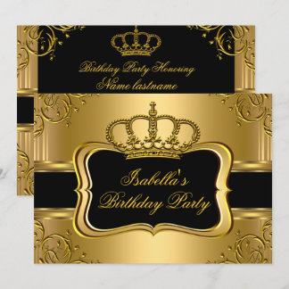 Elegante Black Gold Crown Floral Geburtstagsparty Einladung