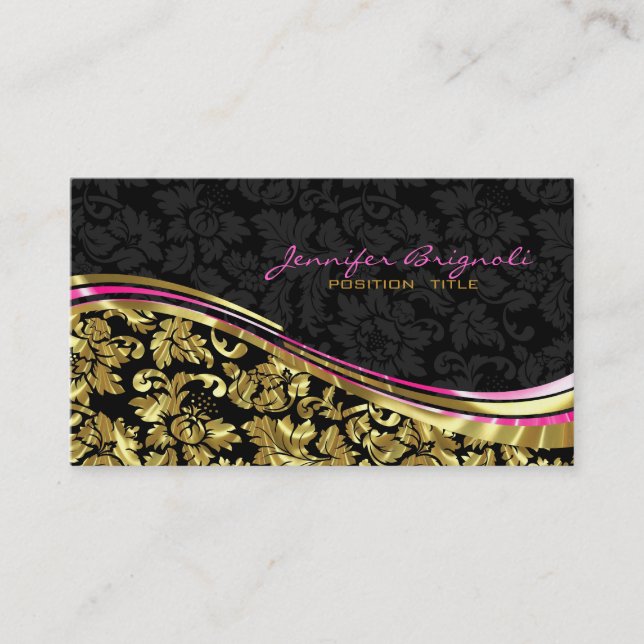Elegante Black & Gold Damaskus Silver Accents Visitenkarte (Vorderseite)