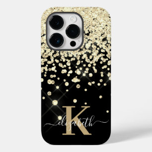Elegante Black Gold Diamond Confetti Mit Monogramm Case-Mate iPhone 14 Pro Hülle