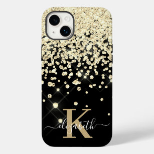 Elegante Black Gold Diamond Confetti Mit Monogramm Case-Mate iPhone 14 Plus Hülle