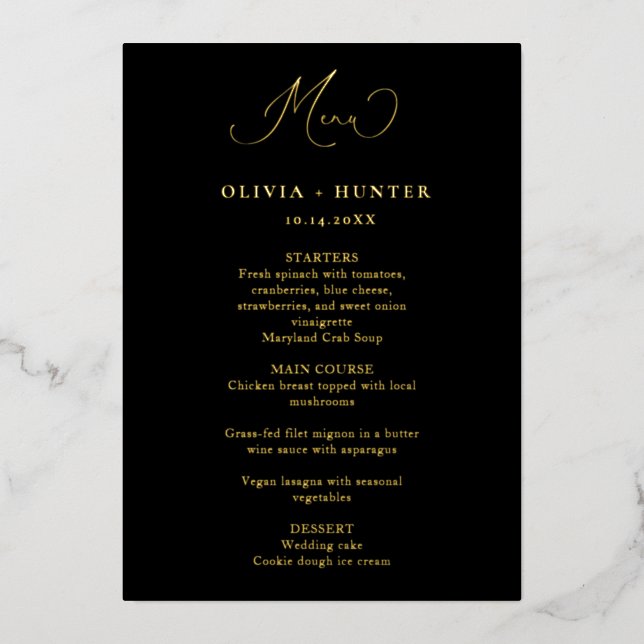 Elegante Black & Gold Dinner Menü Cards Folieneinladung (Vorderseite)