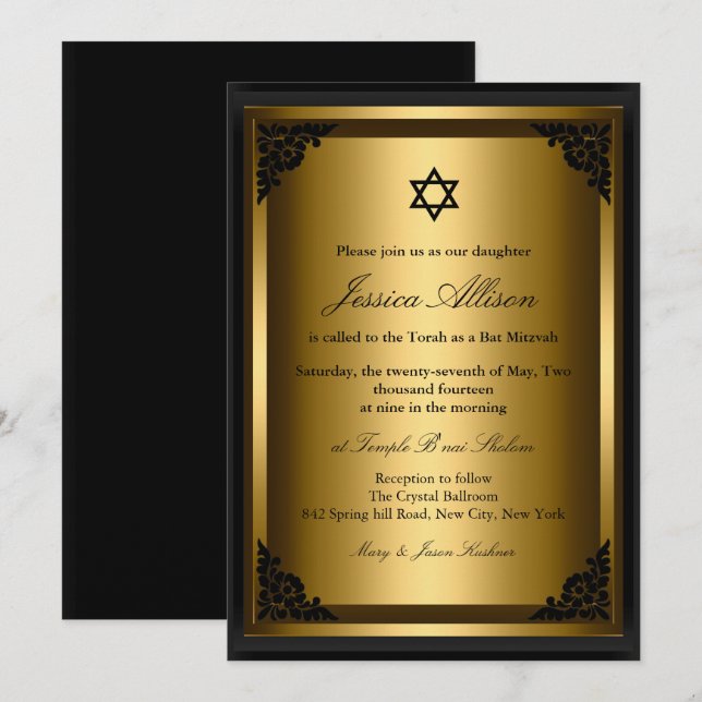 Elegante Black Gold Fledermaus Mitzvah Einladung (Vorne/Hinten)