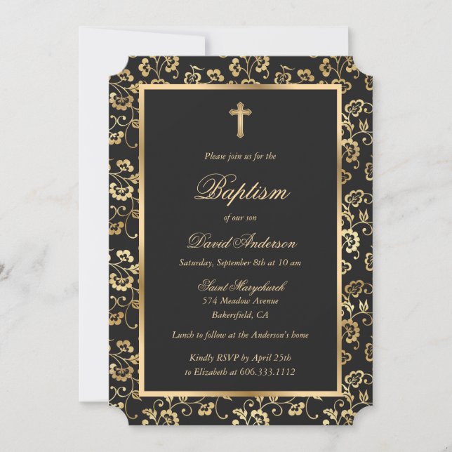 Elegante Black Gold Floral Boy Taufe Einladung (Vorderseite)