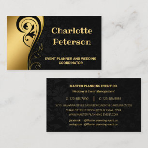 Elegante Black & Gold Floral Event Planner Visitenkarte