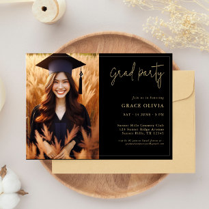 Elegante Black & Gold Foto Grad Party Einladung