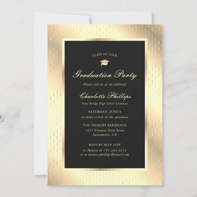 Elegante Black Gold Foto Graduation Party Einladung (Rückseite)