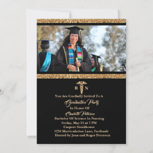 Elegante Black & Gold Foto Nurse Graduation Party Einladung