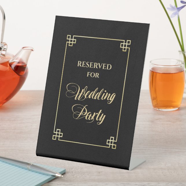 Elegante Black Gold Frame Wedding Party reserviert Sockelschild (In Situ)