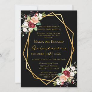 Elegante Black Gold Geometric Floral Quinceñera Einladung