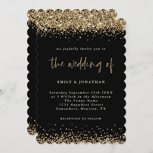 Elegante Black Gold Glitzer Borders Wedding Einladung (Vorne/Hinten)