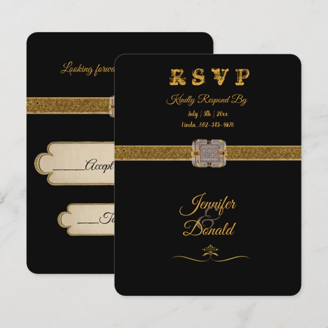 Elegante Black Gold Glitzer Brooch RSVP Karte (Vorne/Hinten)