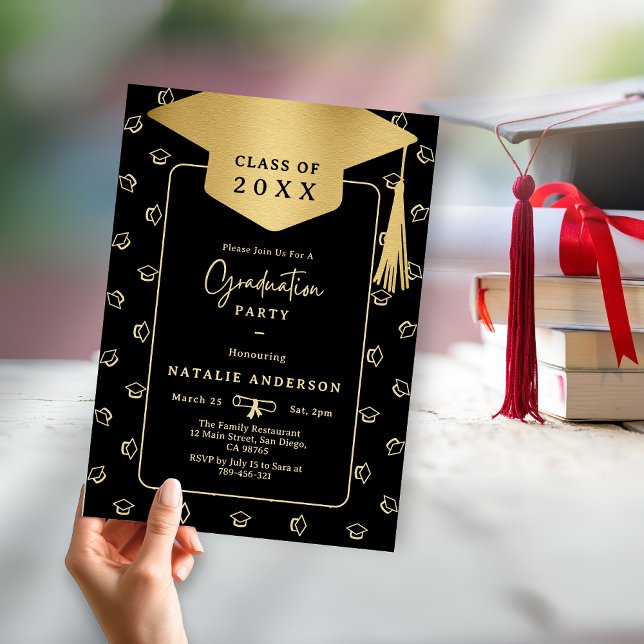 Elegante Black & Gold Graduate Hat Graduation Part Einladung (Elegant Black & Gold Graduate Hat Graduation Party Invitation)