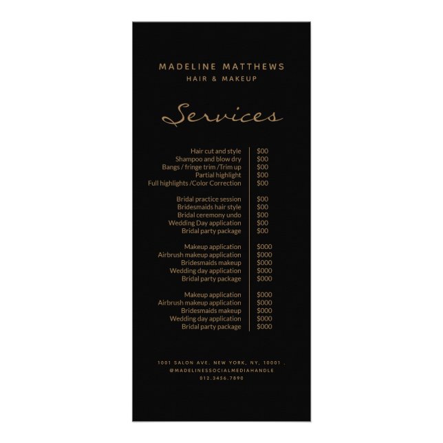 Elegante Black Gold Hair Stylist Service Preislist Werbekarte (Vorne)