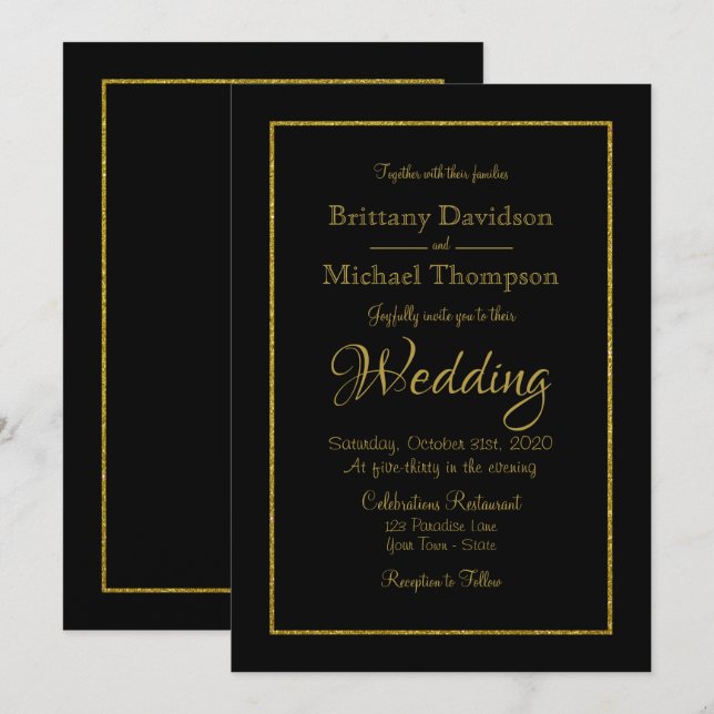 Elegante Black Gold Hochzeit Einladung (Vorne/Hinten)
