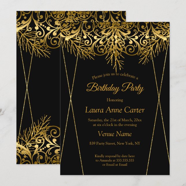 Elegante Black Gold Imitate Foil Birthday Party Einladung (Vorne/Hinten)