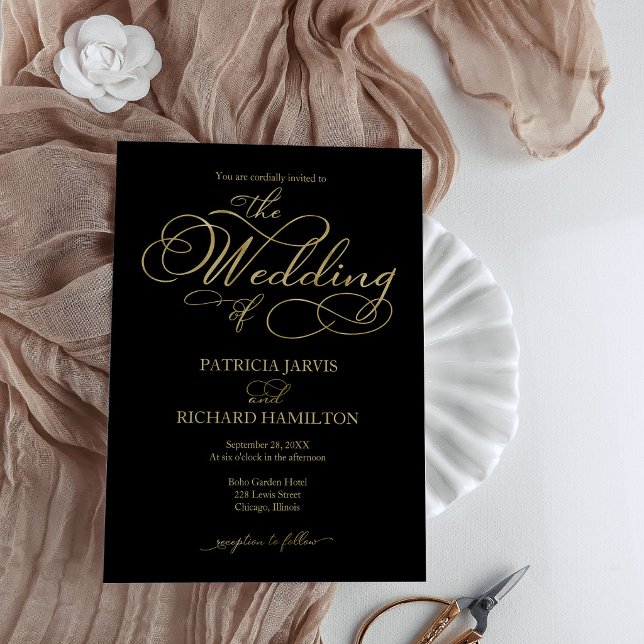 Elegante Black Gold Imitate Foil Script Wedding Einladung (Von Creator hochgeladen)