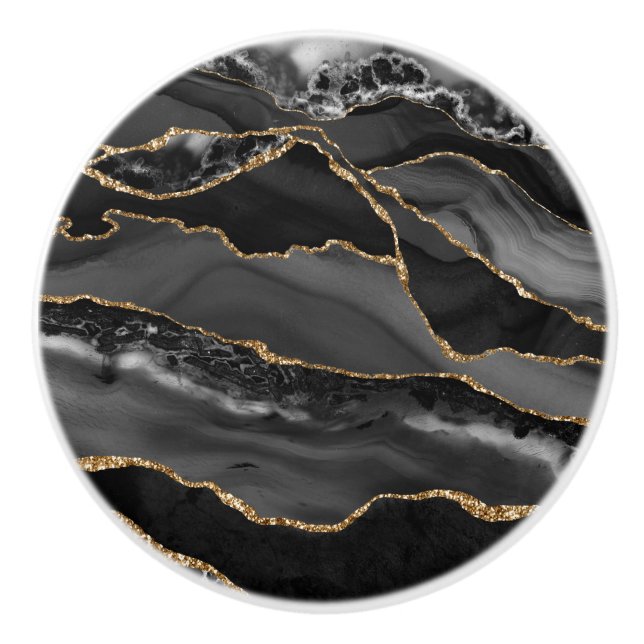 Elegante Black Gold Imitate Glitzer Agate Geode Gr Keramikknauf (Vorderseite)