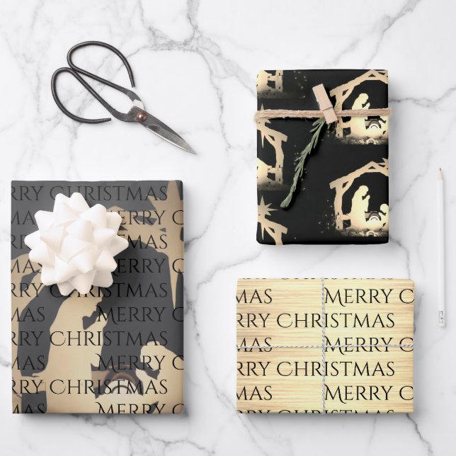 Elegante Black & Gold Krippe Frohe Weihnachten Geschenkpapier Set (Vorderseite)