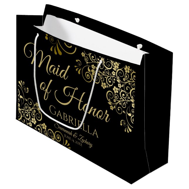 Elegante Black & Gold Lace Trauzeugin Hochzeit Große Geschenktüte (Vorderseite Schrägansicht)