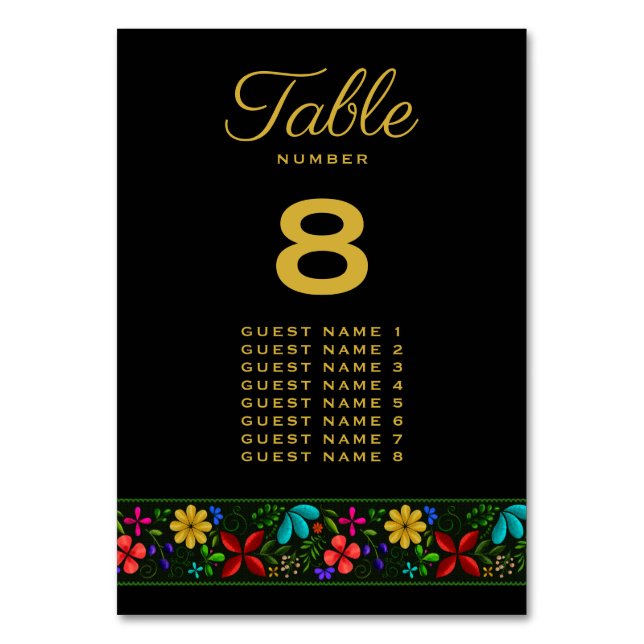 Elegante Black Gold Latin American Floral Wedding Tischnummer (Vorderseite)