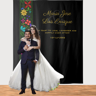 Elegante Black Gold Latin Folk Floral Wedding Wandteppich
