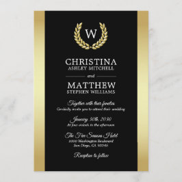 Elegante Black-Gold-Laurel-Wreath-Monogramm-Hochze Einladung