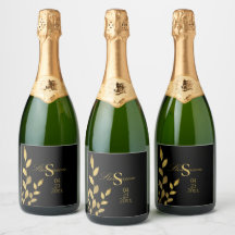 Elegante Black Gold Leaf Moderne Monogram Wedding