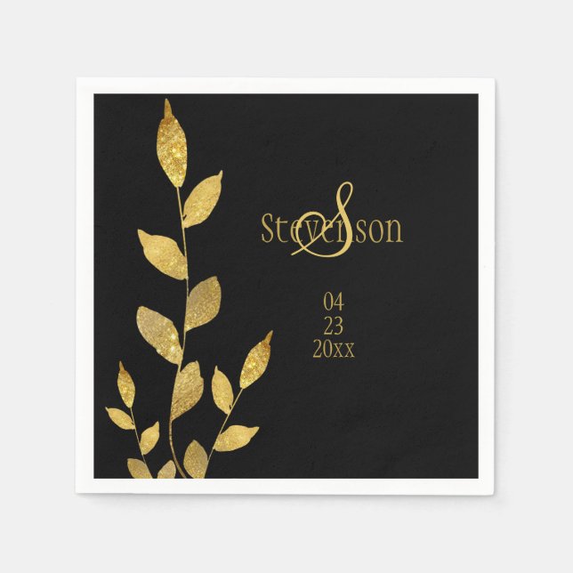 Elegante Black Gold Leaf Moderne Monogram Wedding Serviette (Vorderseite)