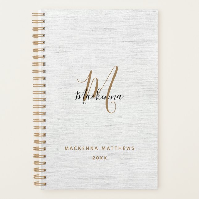 Elegante Black Gold Linen Moderne Monogram Name Planer (Vorderseite)
