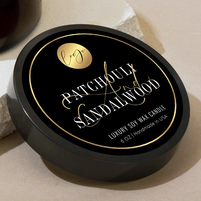 Elegante Black & Gold Logo-Produktverpackung Kerze Runder Aufkleber (Luxurious black and gold product sticker design with space for your brand logo and product details)