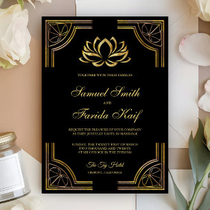 Elegante Black Gold Lotus Blume Einladung zur Hoch