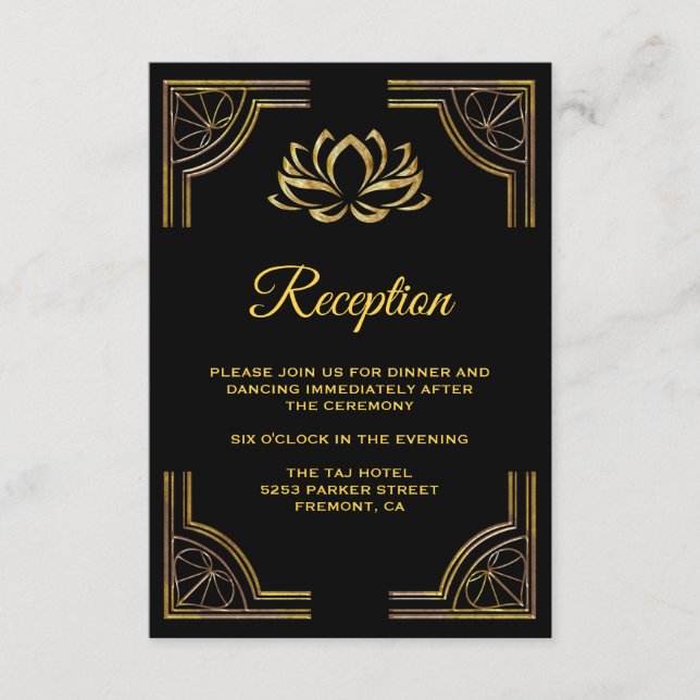 Elegante Black Gold Lotus Blume Hochzeit Empfang Begleitkarte (Vorderseite)