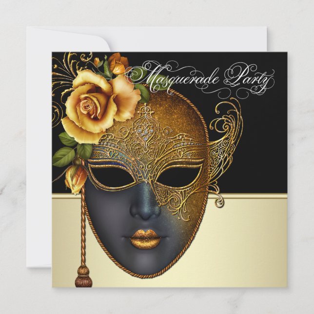 Elegante Black Gold Masquerade Party Einladungen (Vorderseite)