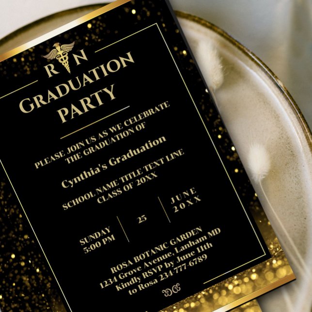 Elegante Black & Gold Medical Graduation Party Einladung (Elegant Black & Gold Medical Graduation Party Invitation #goldinvitation #graduationgold #luxuryinvi)