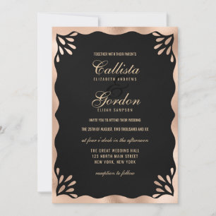 Elegante Black Gold Metallic Wavy Border Wedding Einladung