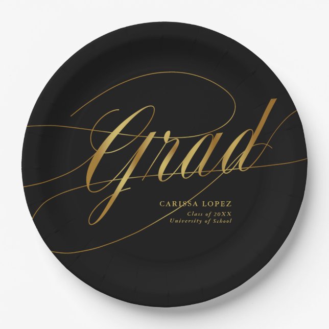 Elegante Black & Gold Minimalistische Grad Kalligr Pappteller (Vorderseite)