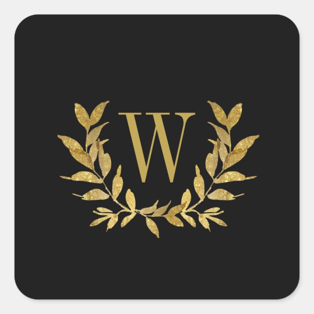 Elegante Black Gold Moderne Monogram Wedding Quadratischer Aufkleber (Vorderseite)
