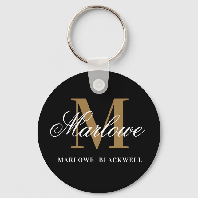 Elegante Black Gold Monogram Calligraphie Schlüsselanhänger (Vorderseite)
