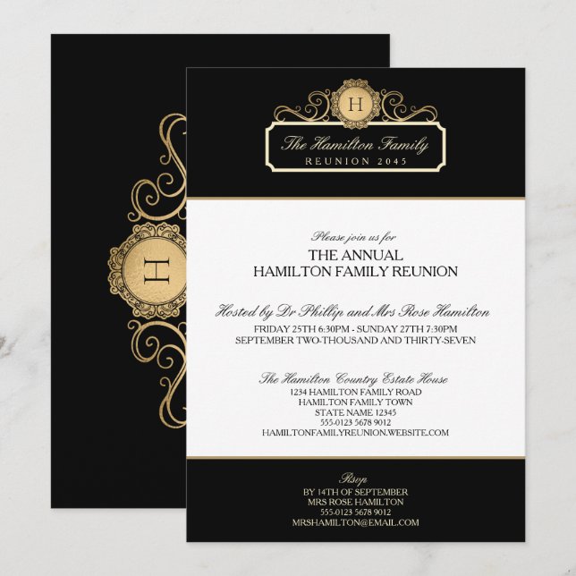 Elegante Black Gold Monogram Family Wiedersehen Einladung (Vorne/Hinten)