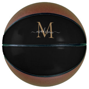 Elegante Black Gold Monogram Feminine Girly Script Basketball