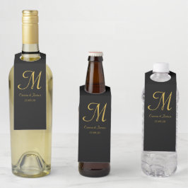 Elegante Black & Gold Monogram Gastgeschenk Hochze Flaschenanhänger