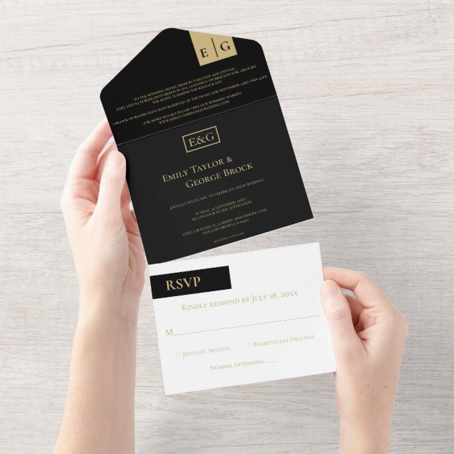 Elegante Black Gold Monogram Moderne Hochzeit All In One Einladung (Abreißen)