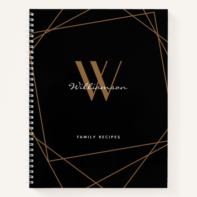 Elegante Black Gold Monogram Name Family Rezept Notizbuch (Vorderseite)