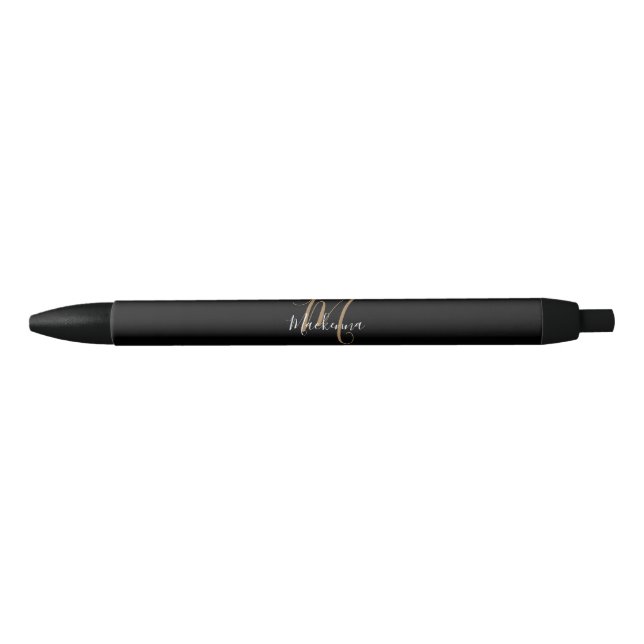 Elegante Black Gold Monogram Name Stilvolle Skript Kugelschreiber (Vorderseite)