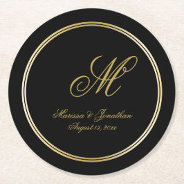 Elegante Black Gold Monogram Script Black Wedding Runder Pappuntersetzer