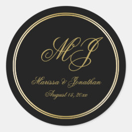 Elegante Black Gold Monogram Script Hochzeit Runder Aufkleber