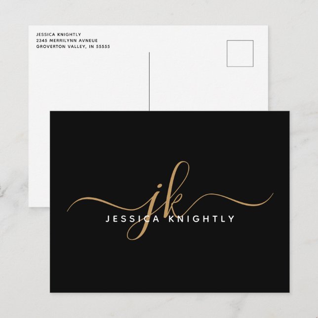 Elegante Black Gold Monogram Script Initials Postkarte (Vorne/Hinten)